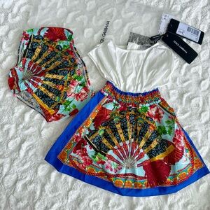NWT Dolce & Gabbana Majolica Sicilian Folklore Fan Print Cotton Dress Set 9-12m